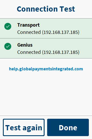 Successful gateway connection test on P400 Genius device