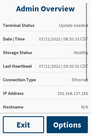 Screenshot of P400 Admin screen showing storage status
