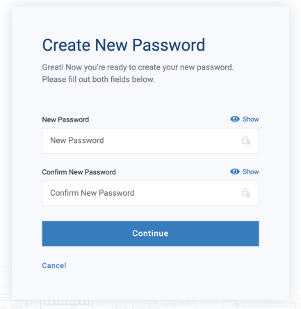 Screen showing the fields for entering your new password and confirming your new password