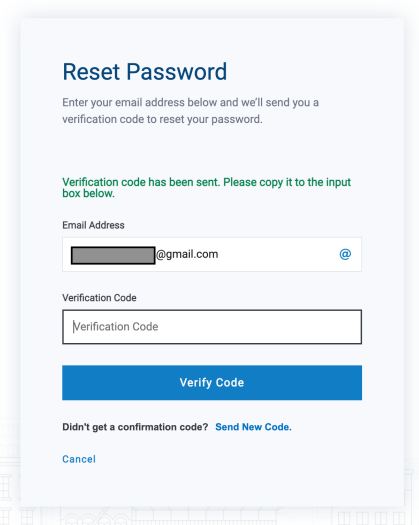 Screen showing the field to enter your verification code