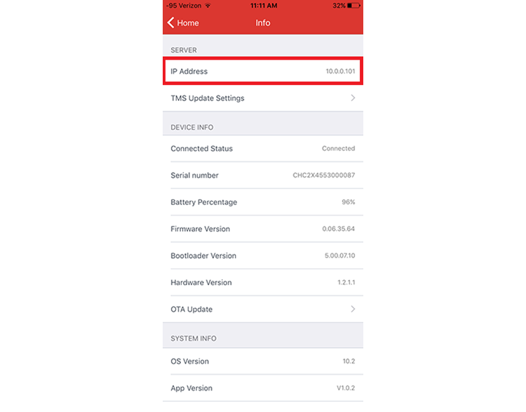 How do I find the IP address of my mobile device when using my Genius Mini? Descriptive Image - Genius Mini Device IP Info Menu The Genius Mini Info screen with a call out that shows the IP address field.