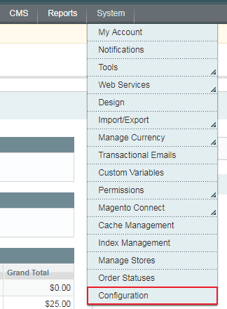 How do I enable the Cayan extension for Magento 1? Descriptive Image - Magento 1 System Menu The System menu with a call out for the Configuration link.
