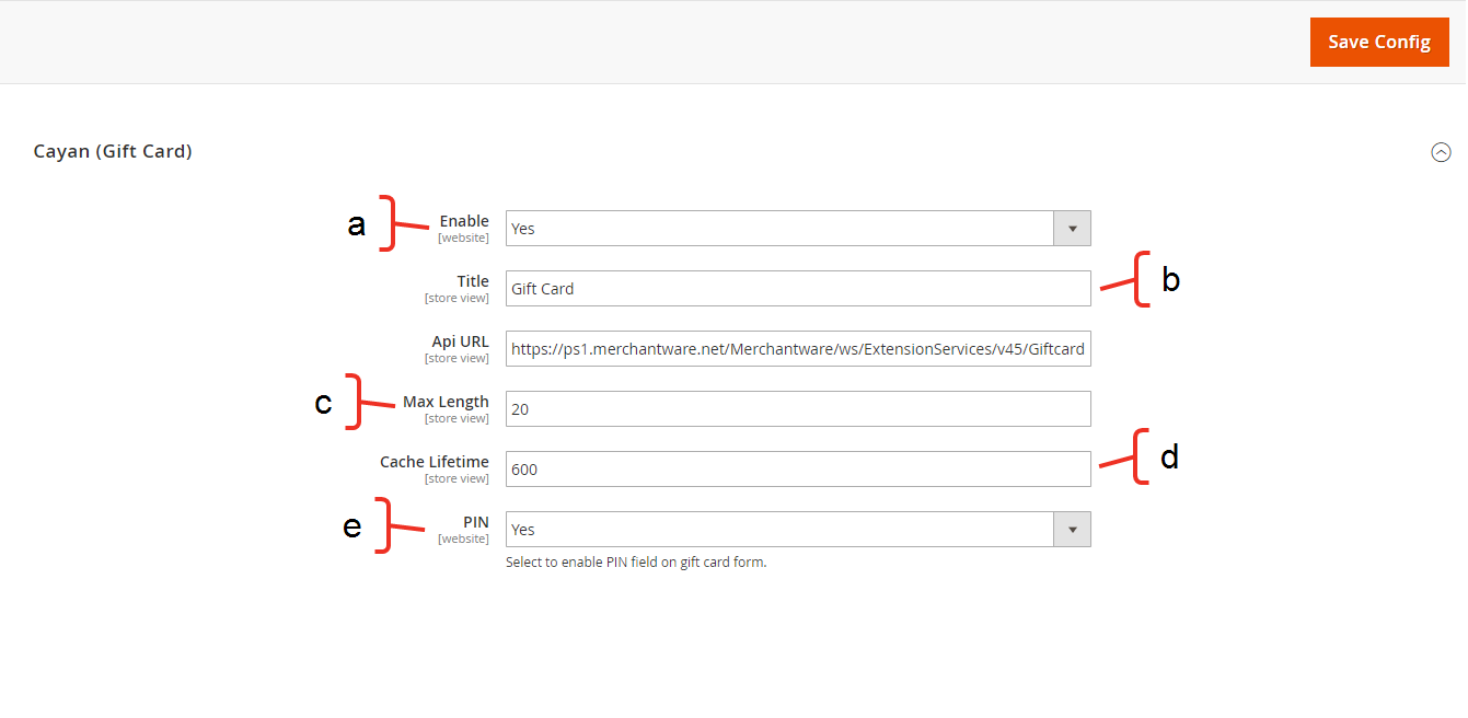 How do I enable the Cayan extension for Magento 2? Descriptive Image - Magento 2 Gift Card Settings The Other Payment Methods section with call outs for the text boxes you need to fill in.
