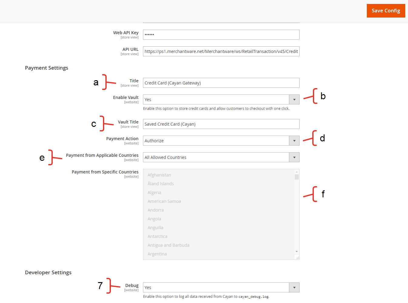 How do I configure payment settings for Magento 2? Descriptive Image - Magento 2 Payment and Developer Settings The Payments Settings and Developer settings with call outs for the text boxes you need to fill in.