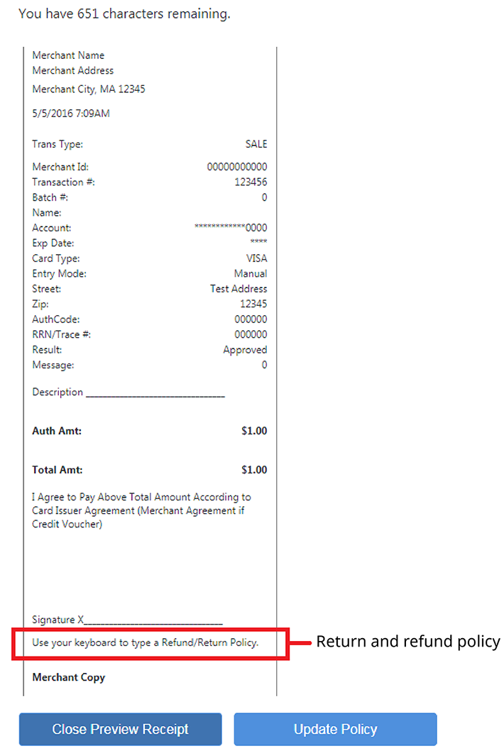 A preview of a receipt with a refund and return policy. 