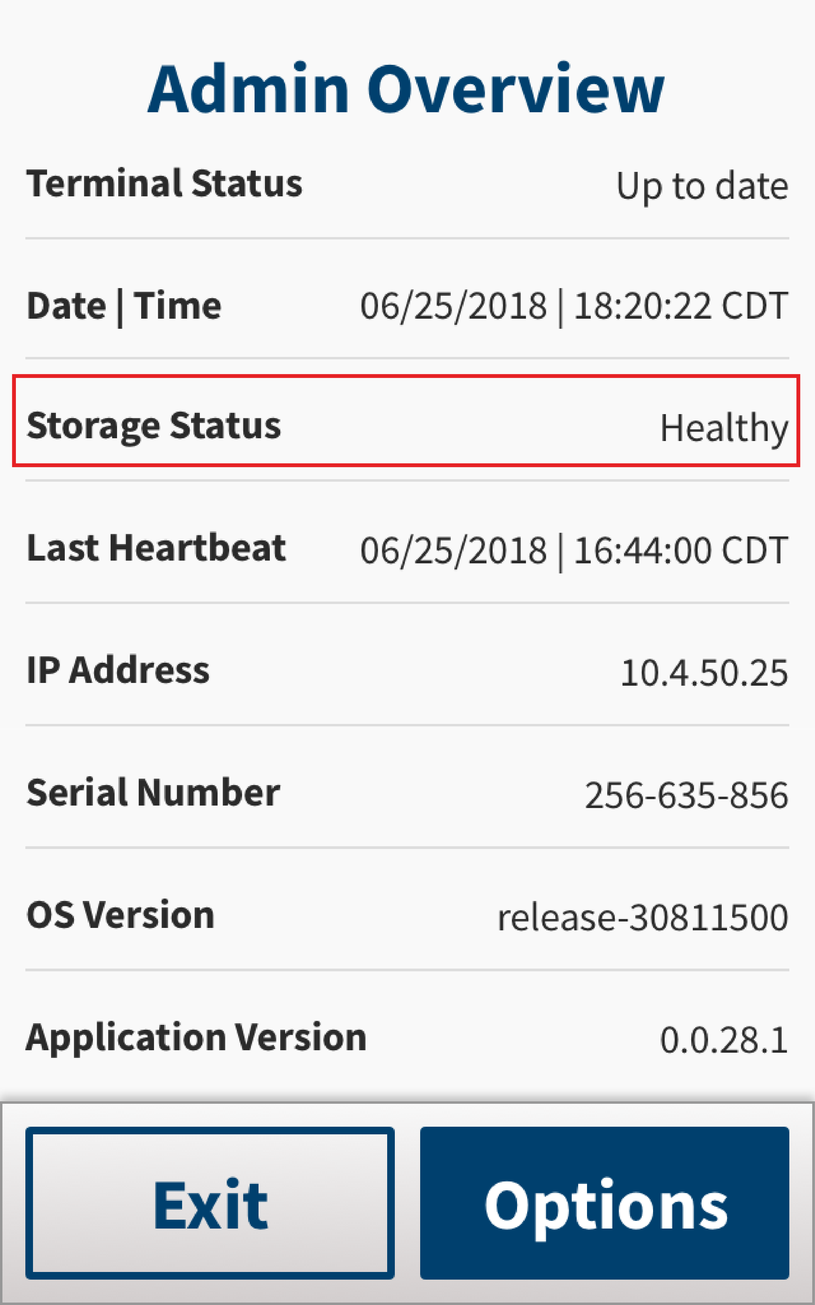 Admin screen showing the Storage Status