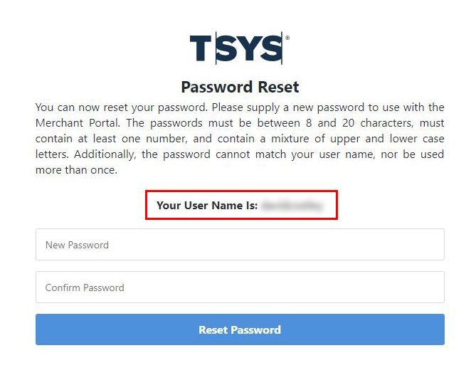 The Reset Password page with username highlighted