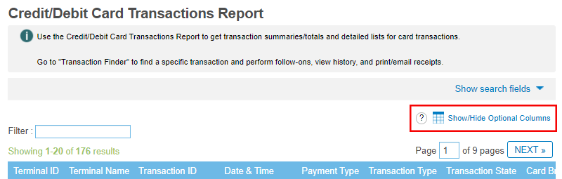How do I run a report for card transactions using OpenEdge View? Descriptive Image - OEV Card report Optional columns Screenshot that shows the Show/Hide Optional Columns button.
