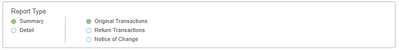 How do I run a report for check transactions using OpenEdge View? Descriptive Image - OEV Check report Report type Screenshot that shows the radio buttons for different report types.