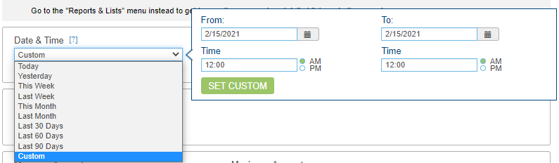 How do I adjust the dollar amount of a card transaction using OpenEdge View? Descriptive Image - OEV Find Transaction Custom date and time Screenshot that shows the custom date and time drop down menu and calendar.