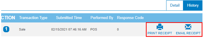 How do I print or email a receipt on OpenEdge View? Descriptive Image - OEV Find transaction Print or email receipt Screenshot that shows the PRINT RECEIPT and EMAIL RECEIPT buttons on the History tab.