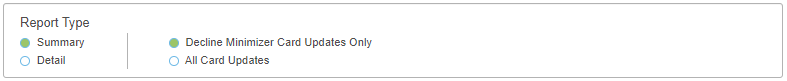 How do I run a report for card updates using OpenEdge View? Descriptive Image - OEV Update report Report type Screenshot that shows the report type and results type.